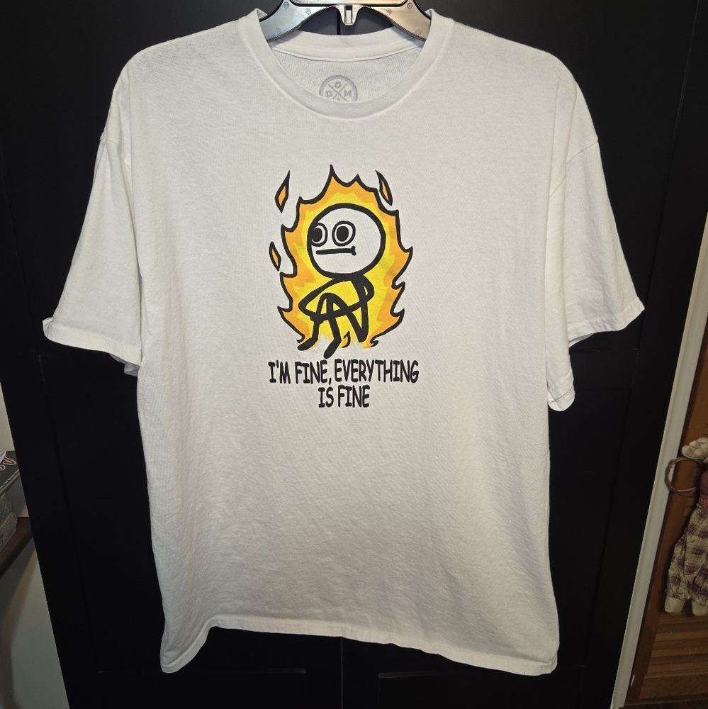 DOM “I’m Fine Everything Is Fine” Funny Meme T-Shirt XL White Flame Stick Figure